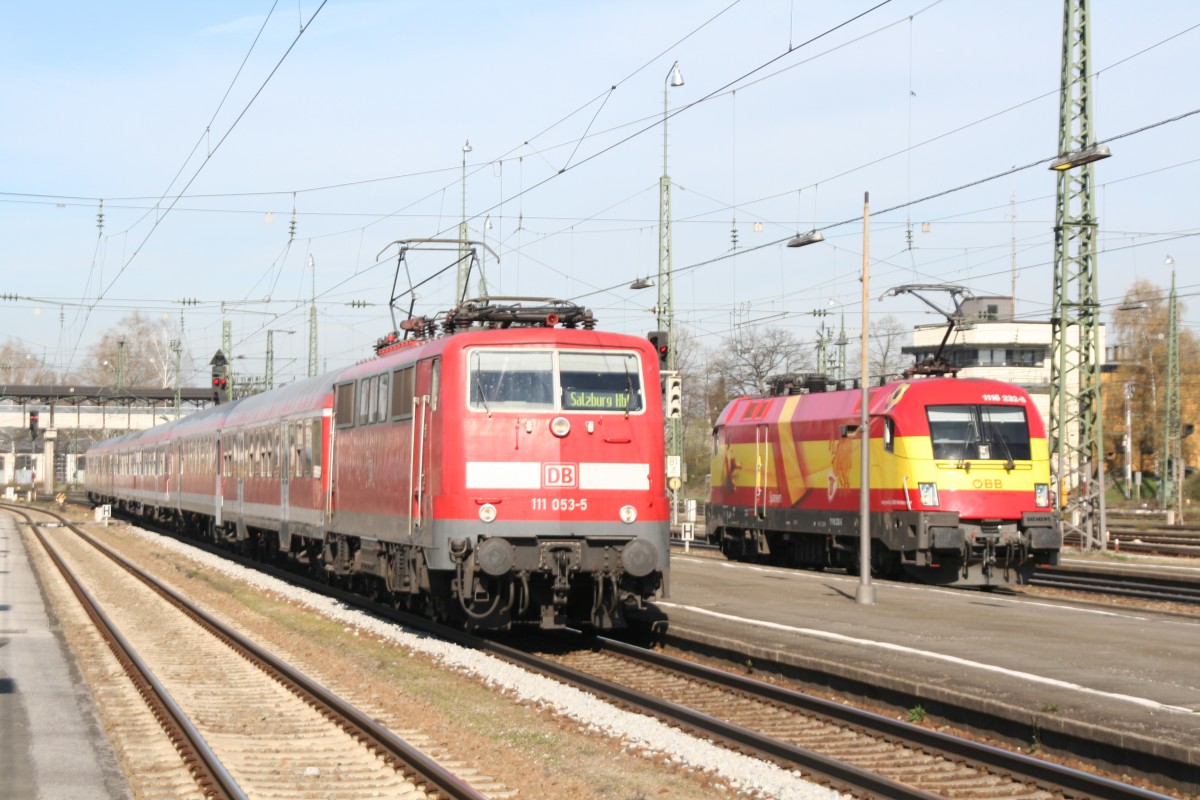 111 053-5 + 1116 232-8 EM-Lok Spanien Freilassing 11.04.2008