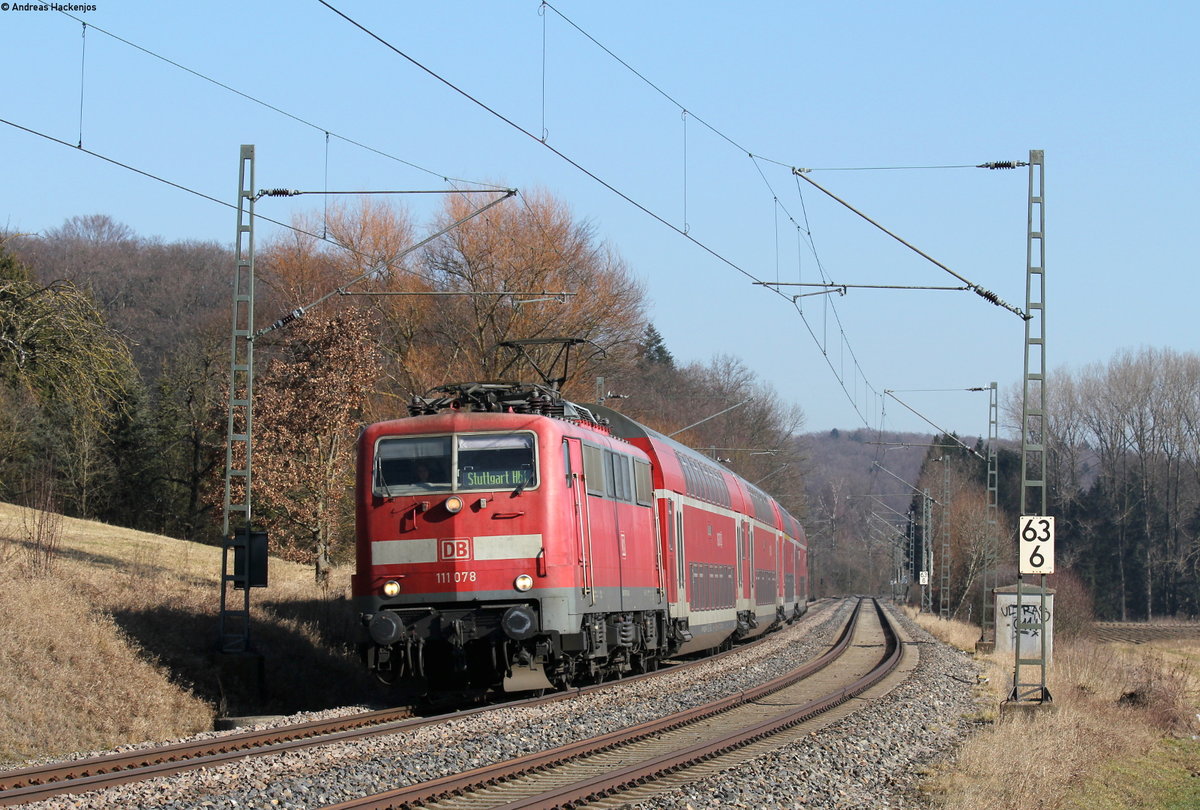 111 078-2 mit dem RE 19442 (Aalen Hbf-Stuttgart Hbf) bei Mögglingen 14.2.17