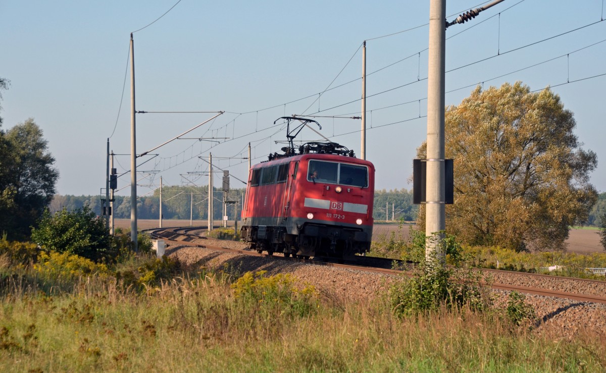 111 172 war am 17.09.14 vom DB Werk Dessau aus auf Probefahrt Richtung Wittenberg, fotografiert bei Durchfahrt in Burgkemnitz.