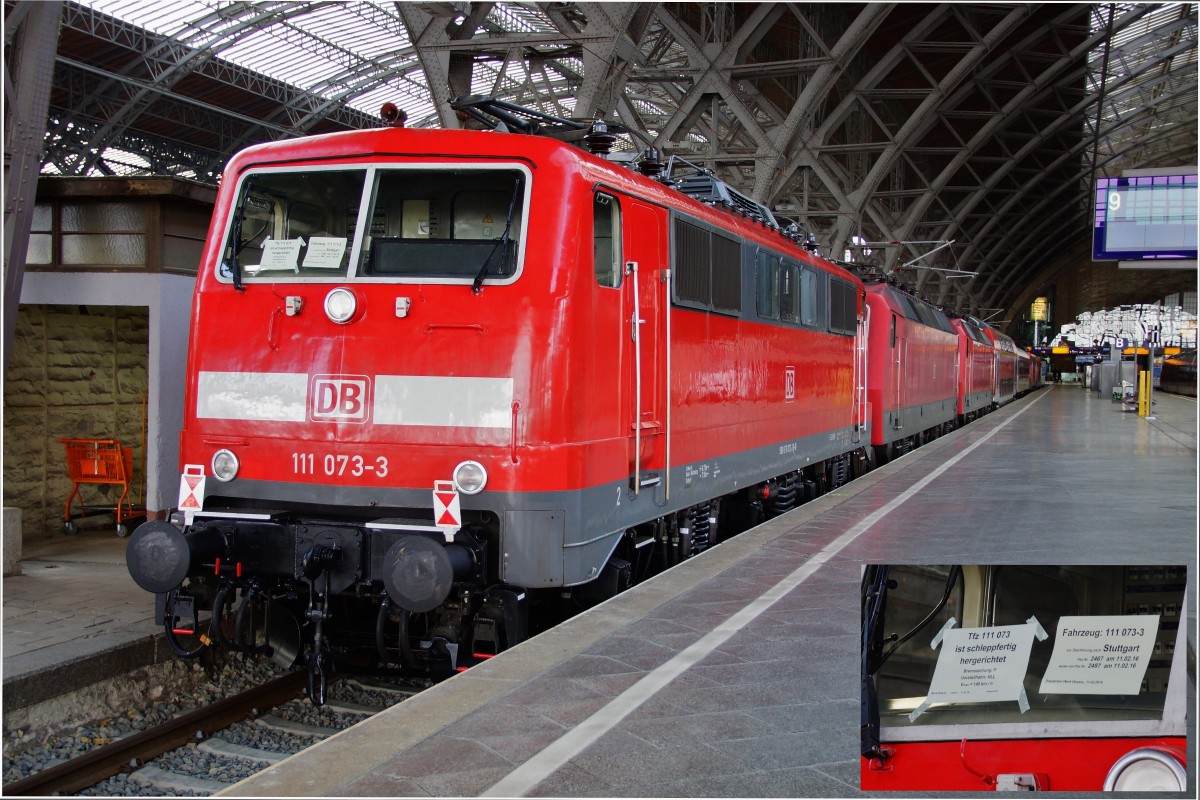 111 73-3 steht mit der 120 145-8 + 120 154-0 + 115 459-0 + 120 122-7 als Überführung in andere BWs im Leipziger Hbf. bereit gesehen am 11.02.16.