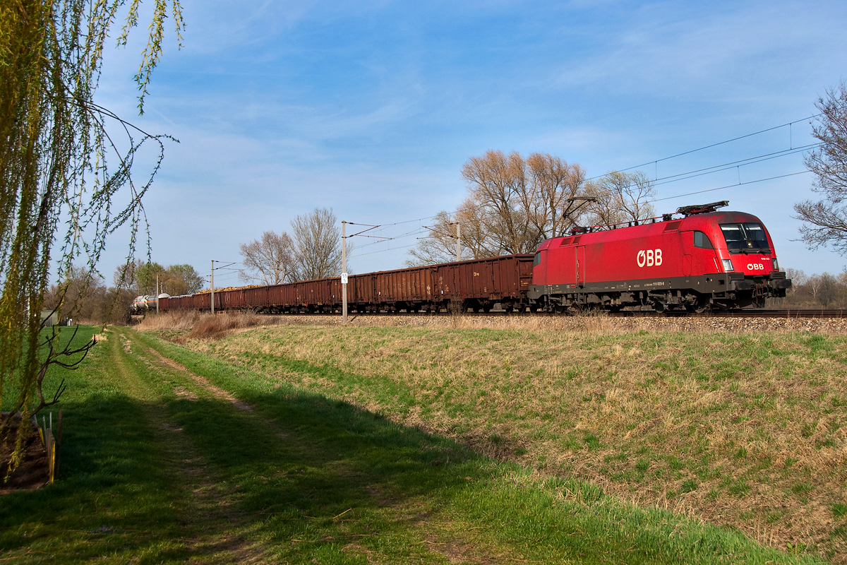1116 025, ist mit einem Güterzug kurz vor Sierndorf an der March in Richtung Gänserndorf unterwegs. Die Aufnahme entstand am 21.03.2014.