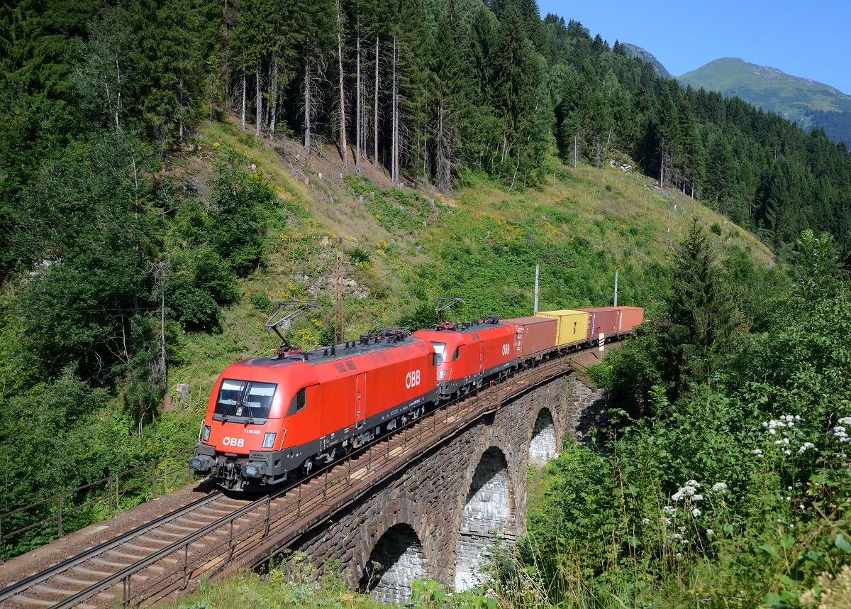 1116 028 + 1016 003 mit einem Containerzug am 03.08.2013 am Schlossbach-Viadukt nahe Angertal.