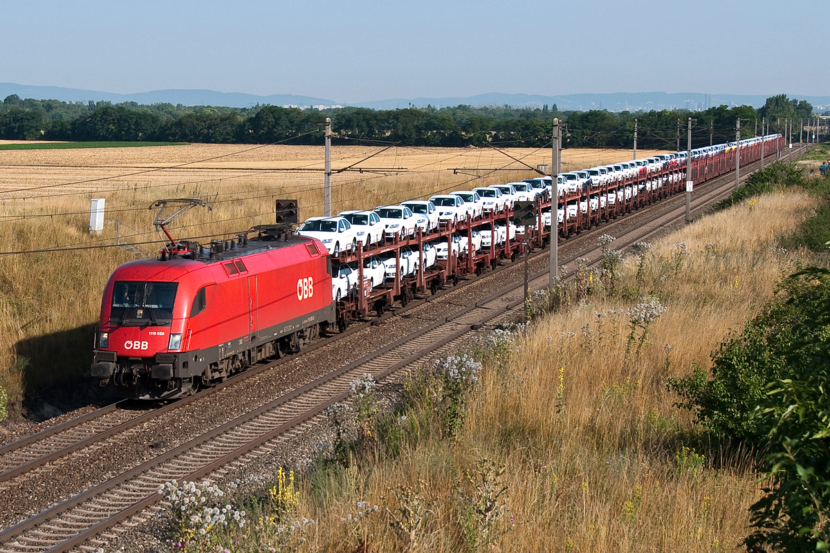 1116 028 fährt mit einem Autoganzzug in Richtung Osten. Das Foto enststand am 12.07.2015 zwischen Himberg und Gramatneusiedl.