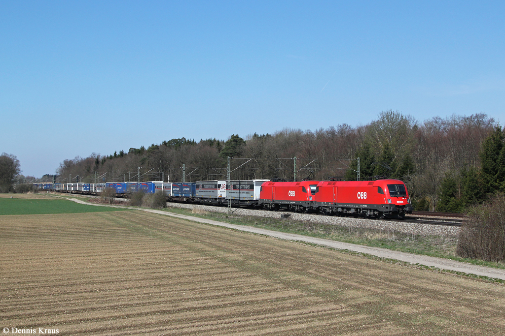 1116 031 und 1116 029 mit einem KLV Zug am 28.03.2014 bei Eglharting.