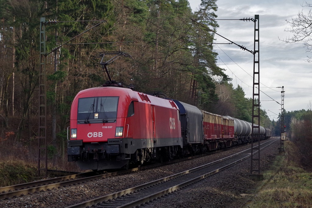 1116 037 der ÖBB mit gemischten Güterzug am 03.01.2014 bei Mimberg Richtung Nürnberg. 