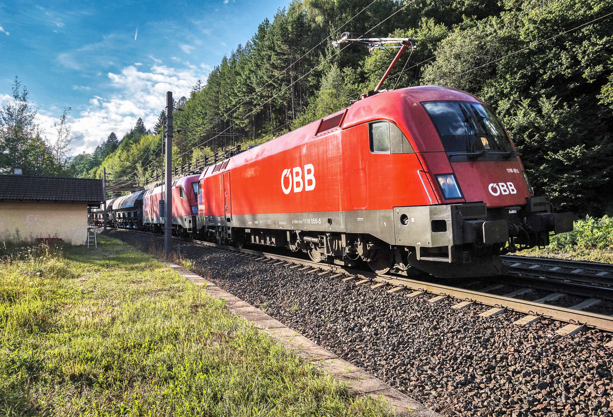 1116 055-5 und 1116 050-6 fahren mit einem Güterzug bei Oberfalkenstein, die Tauernbahn-Südrampe hinunter.
Aufgenommen am 7.8.2017.