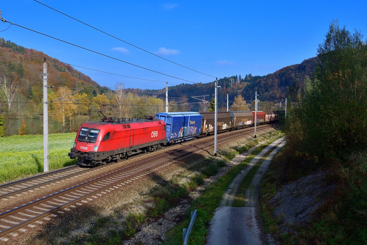 1116 065 mit einem Güterzug am 31.10.2019 bei Wernstein am Inn.