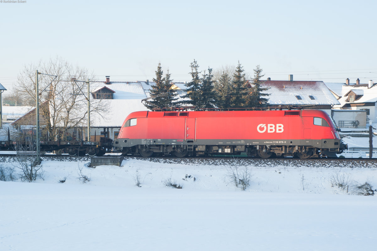1116 075 mit einem gemischten Güterzug bei Edlhausen Richtung Nürnberg, 21.01.2017