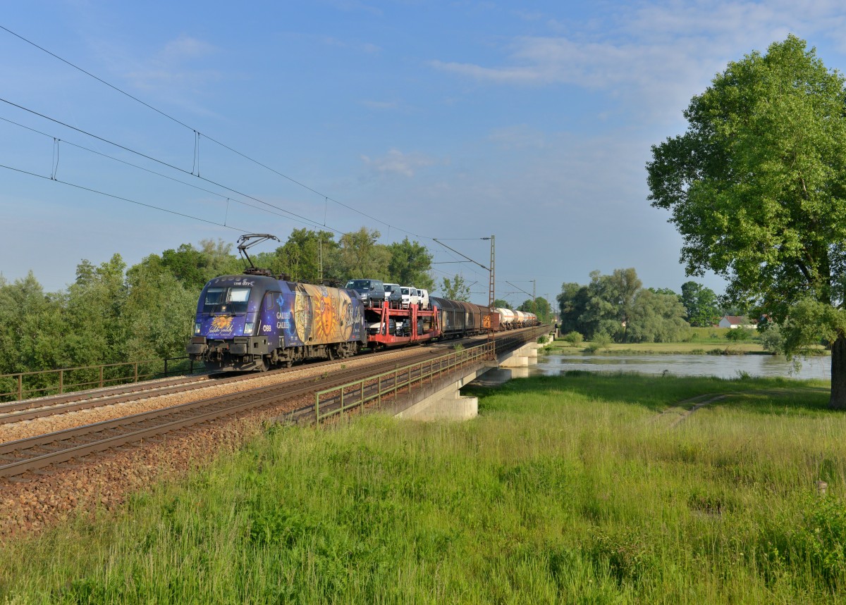 1116 077 mit einem Güterzug am 29.05.2015 auf der Isarbrücke bei Plattling. 