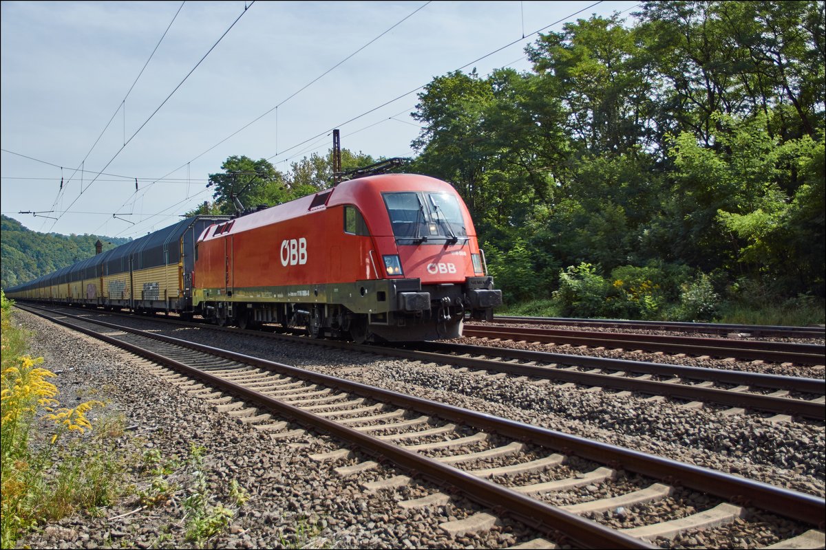 1116 088 von der ÖBB ist hier am 30.08.2017 mit einen Altmann-Autozug bei Elm zu sehen.