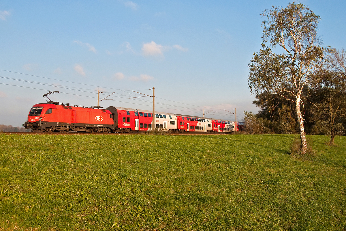 1116 101 bringt den REX 2113 von České Velenice nach Wien FJB. Das Foto entstand kurz nach der Haltestelle Muckendorf-Wipfing, am 28.10.2014.