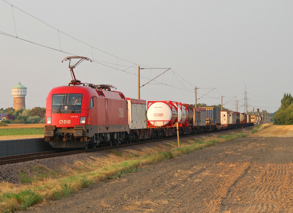1116 102 zieht ihren Zug, aus Ludwigshafen BASF,KTL kommend, Richtung Ludwigshafen-Oggersheim (August 2015).