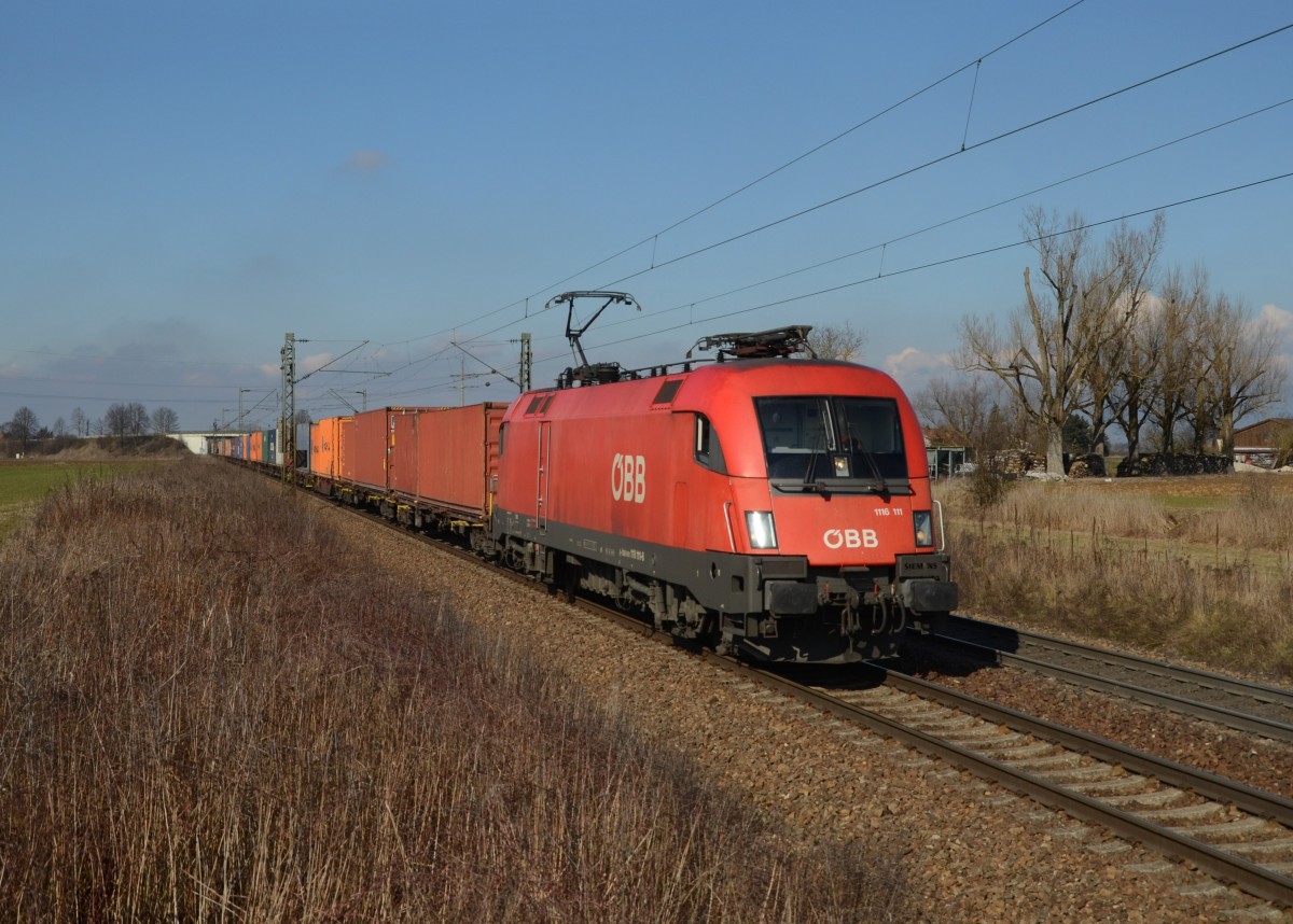 1116 111 mit einem Containerzug am 23.02.2014 bei Plattling.