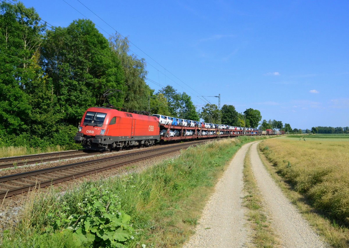 1116 121 mit einem Güterzug am 27.06.2014 bei Langenisarhofen.