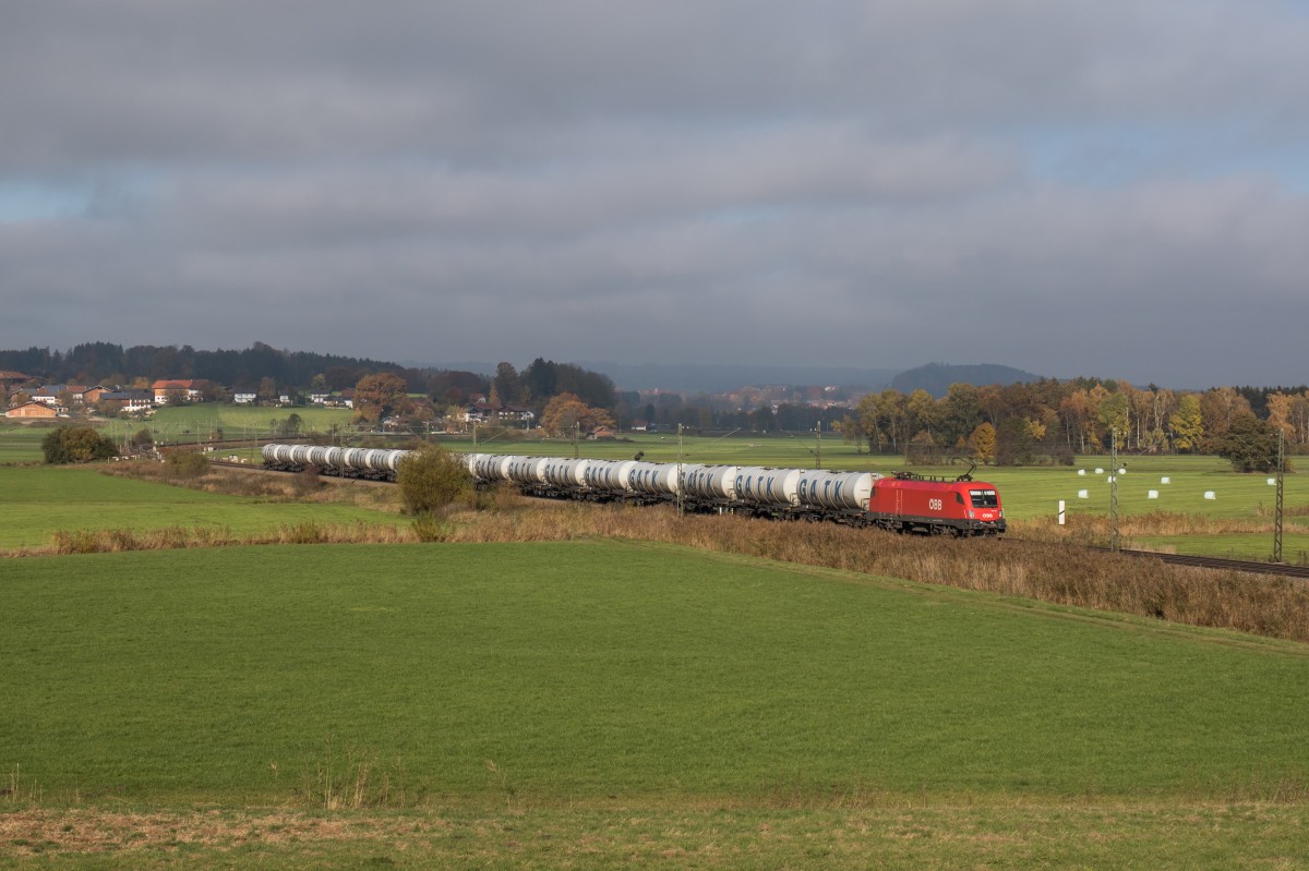 1116 125 mit einem Kesselwagenzug am 30. Oktober 2015 bei Bernau am Chiemsee.
