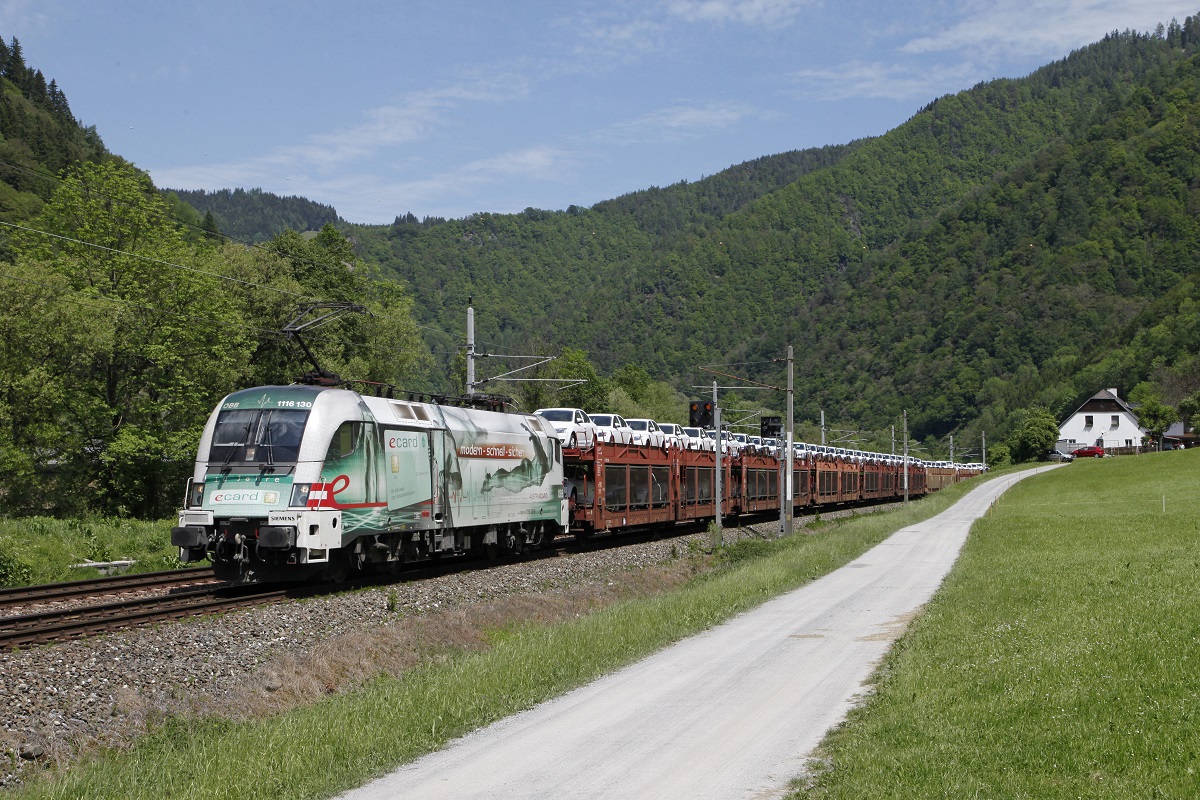 1116 130 (E-Card) mit Güterzug zwischen Bruck/Mur und Pernegg am 23.05.2016.