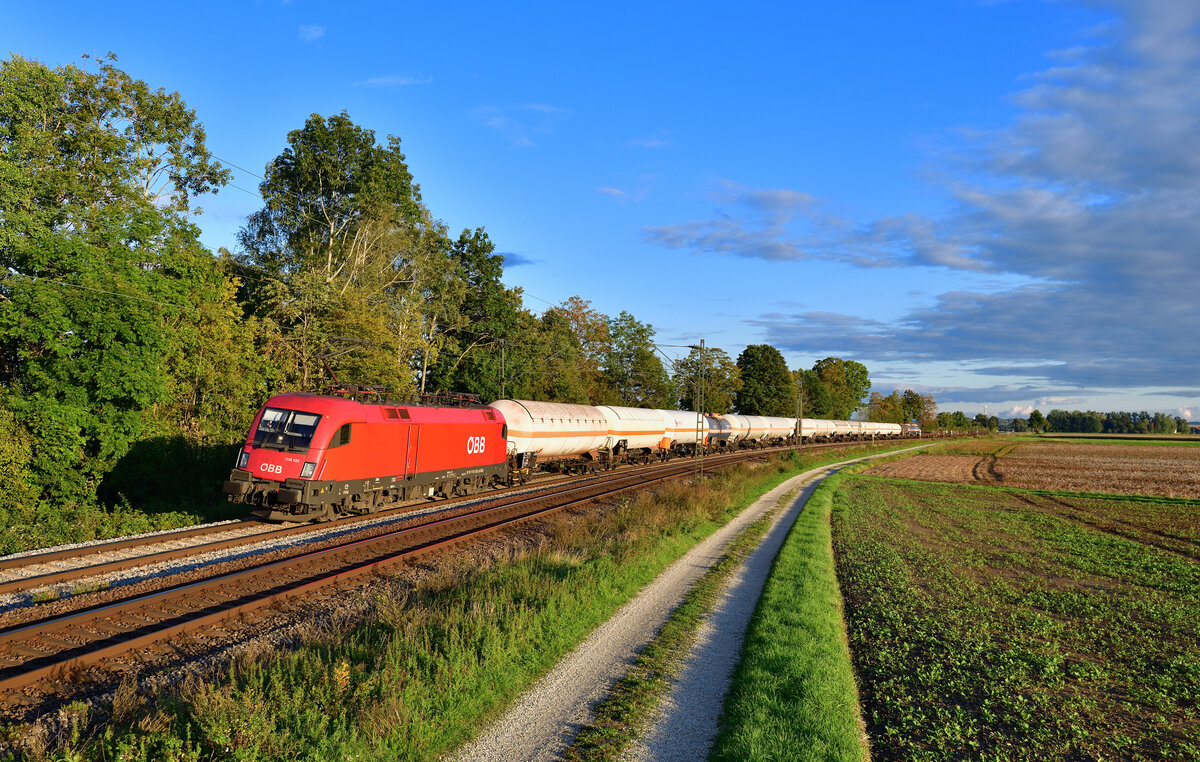 1116 132 mit einem Güterzug am 21.09.2022 bei Langenisarhofen.
