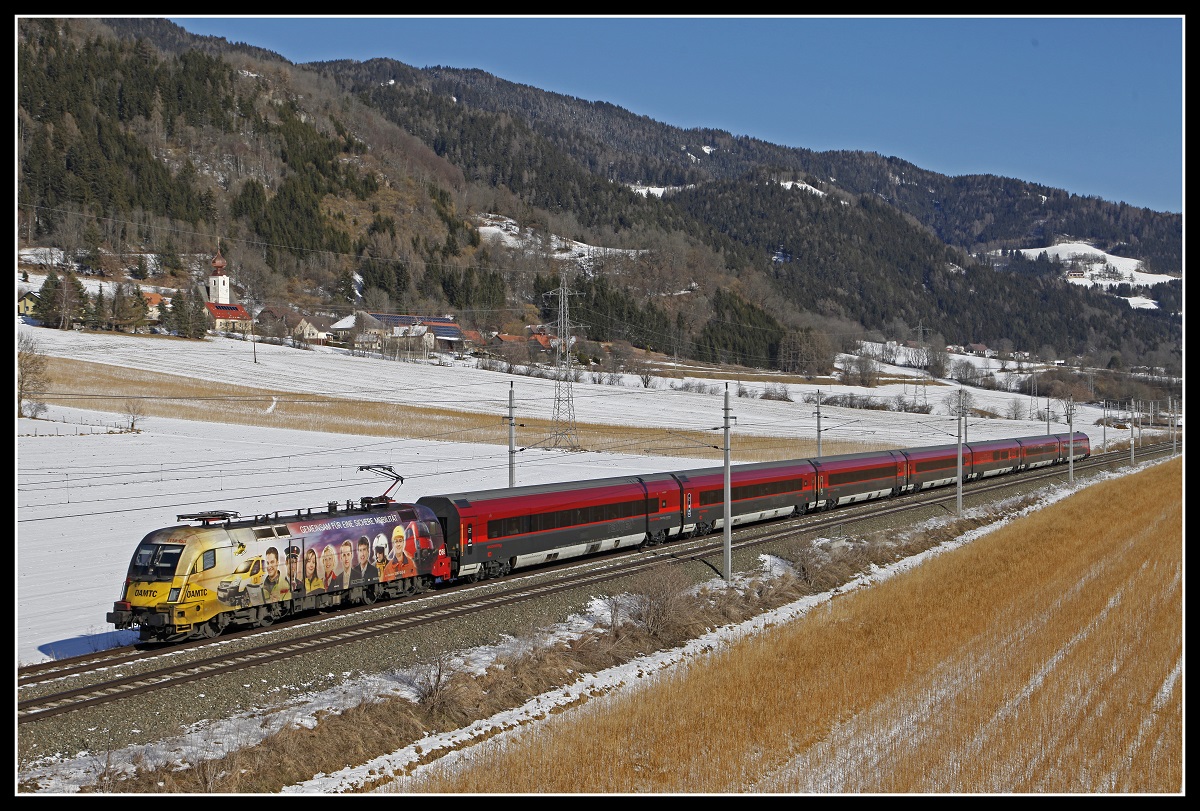 1116 153 mit Railjet bei Unzmarkt am 7.02.2020.