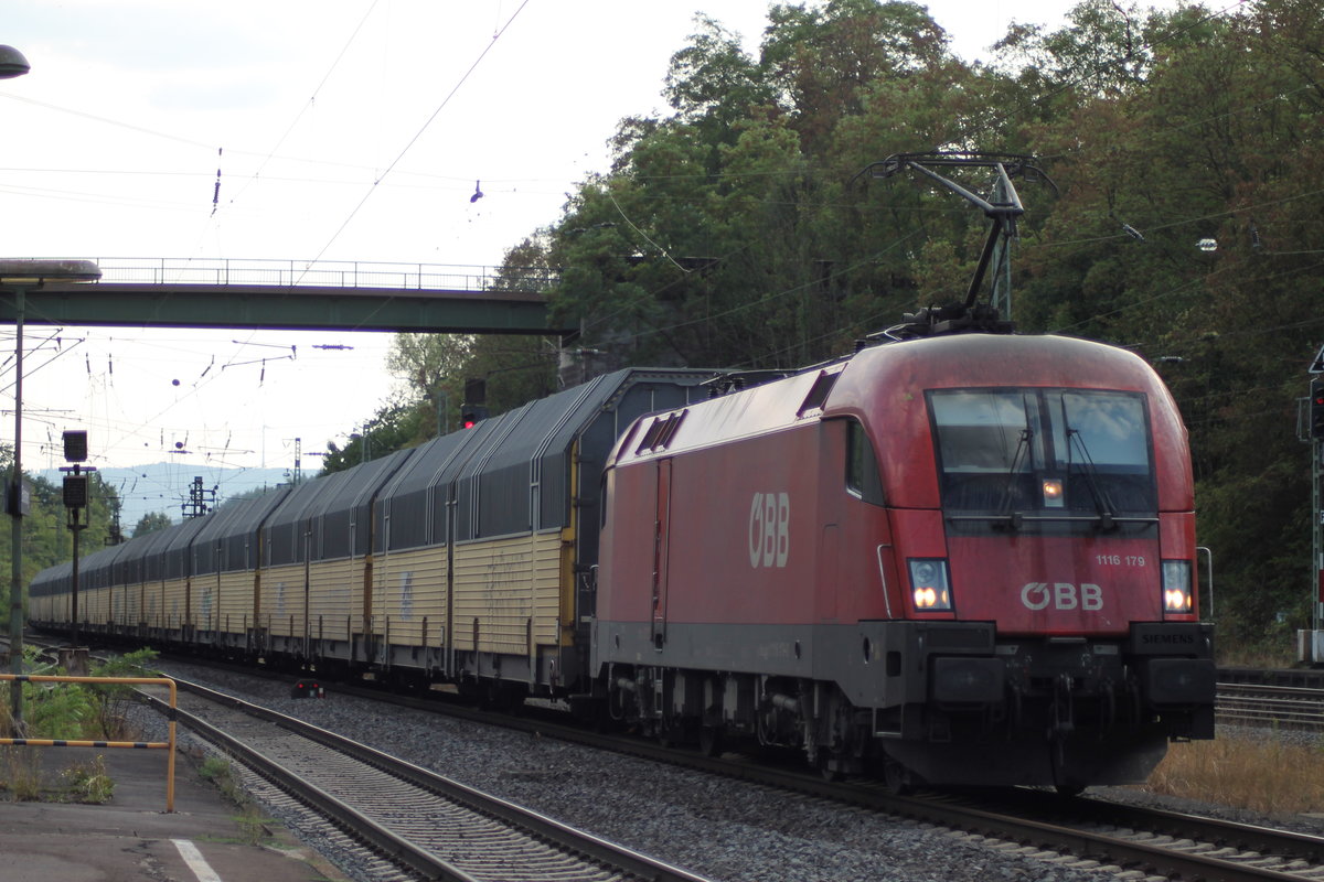 1116 179 war am 22.08.2018 mit einem ARS-Zug unterwegs. Aufgenommen in Eichenberg.