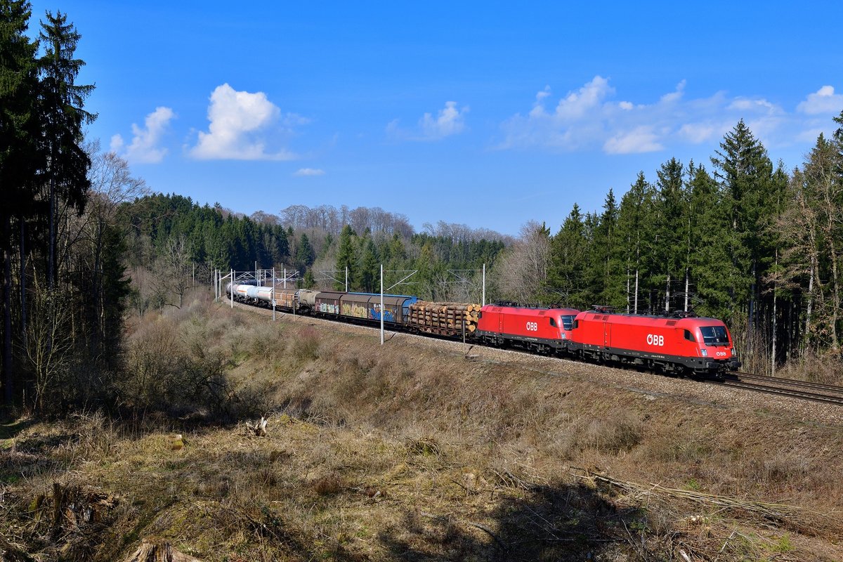 1116 191 + 1116 273 mit einem Güterzug am 20.03.2020 bei Assling.