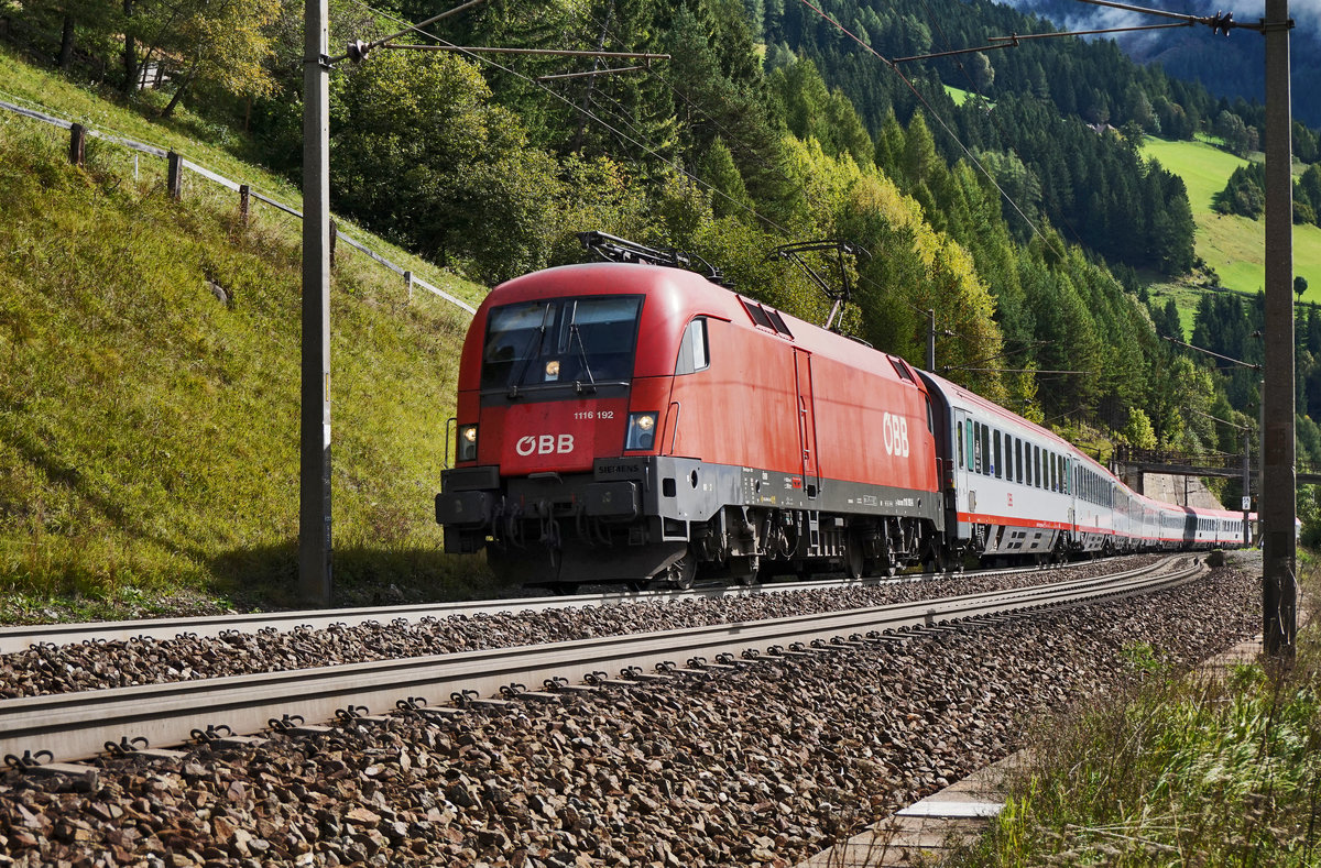 1116 192-6 durchfährt mit dem EC 112 (Zagreb Glavni kol. -/ Klagenfurt Hbf - Frankfurt (Main) Hbf) die Haltestelle Oberfalkenstein.
Aufgenommen am 18.9.2016.