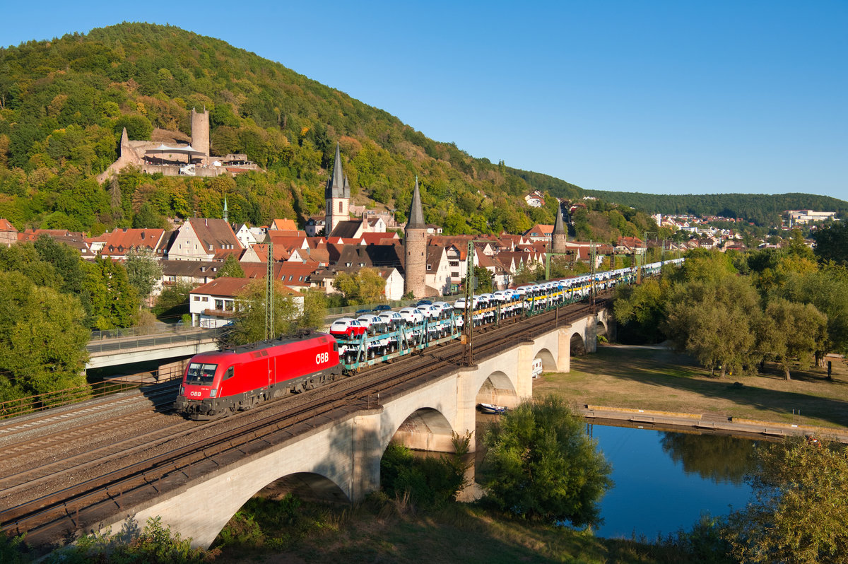 1116 194 mit einem Audi-Autotransportzug bei Gemünden (Main) Richtung Aschaffenburg, 21.09.2019
