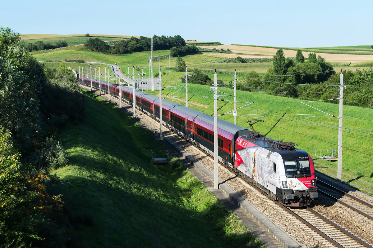 1116 200-7 „Demokratie in Bewegung“ brachte den rjx 868 von Wien Flughafen nach Salzburg Hbf. Der zweite Teil war an diesem Abend der rjx 68 nach München über Linz und Passau. Die Aufnahme entstand am 01.08.2020 kurz nach Westportal des 1380 Meter langen Reiserbergtunnel.