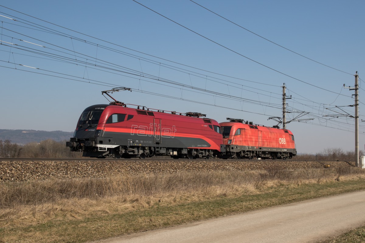 1116 230 mit einer Schwestermaschine als SPROB am 18. März 2015 bei Großsierning.