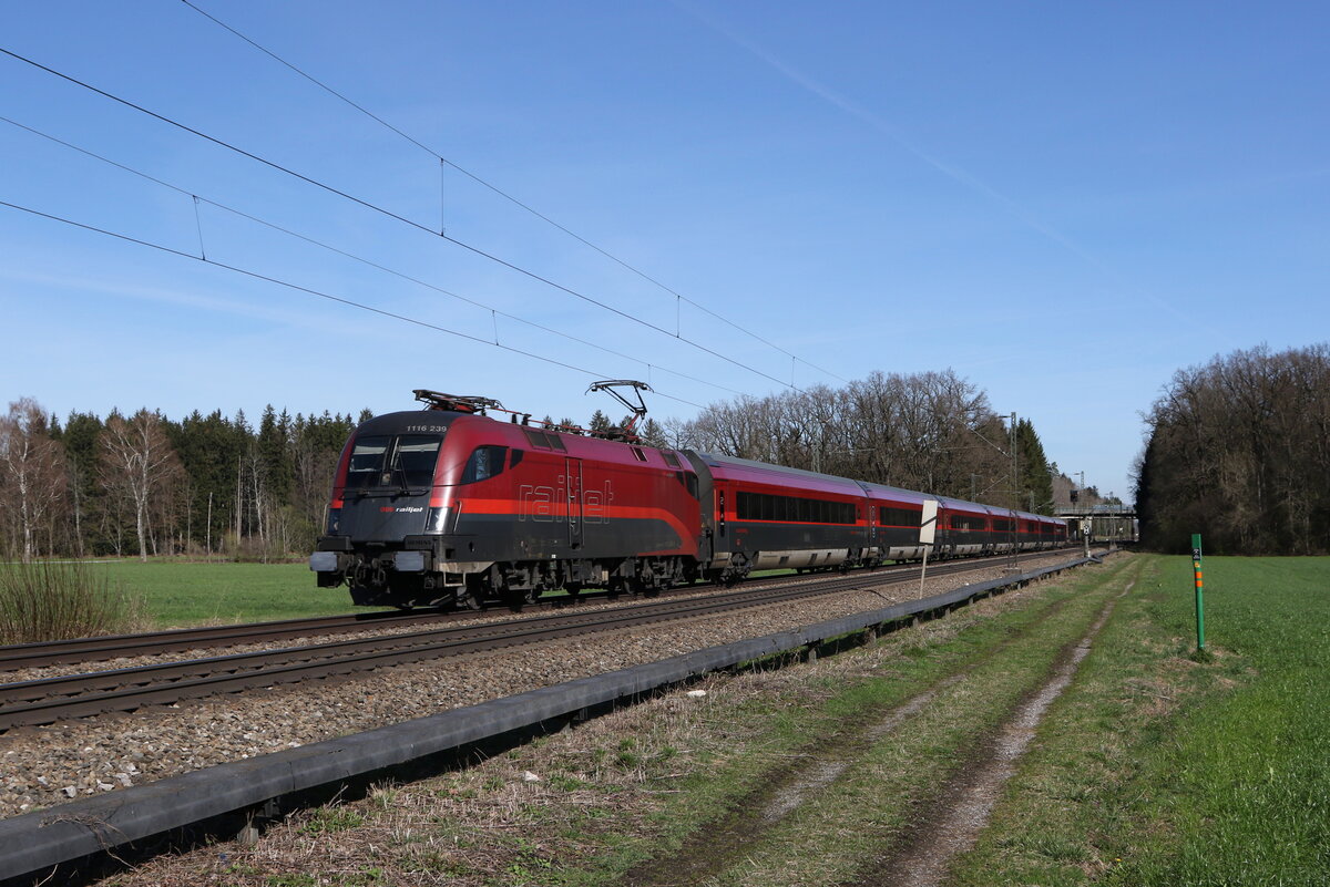1116 239 auf dem Weg nach Innsbruck am 20. März 2024 bei Brannenburg im Inntal.