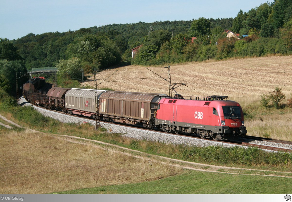 1116 253-6 der ÖBB ist am 26. August 2015 mit einen gemischten Güterzug bei Laaber in Fahrtrichtung Regensburg unterwegs.