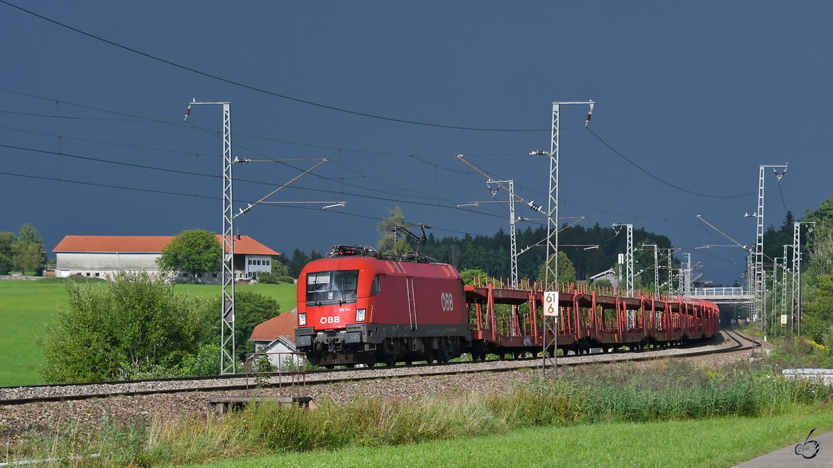 1116 253 zieht einen Güterzug, so gesehen Mitte August 2020 bei Fuchsreut.