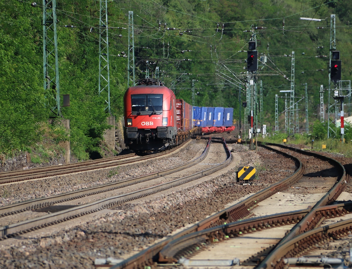 1116 254 mit Containerzug in Fahrtrichtung Norden. Aufgenommen am 17.07.2014 in Kaub am Rhein.