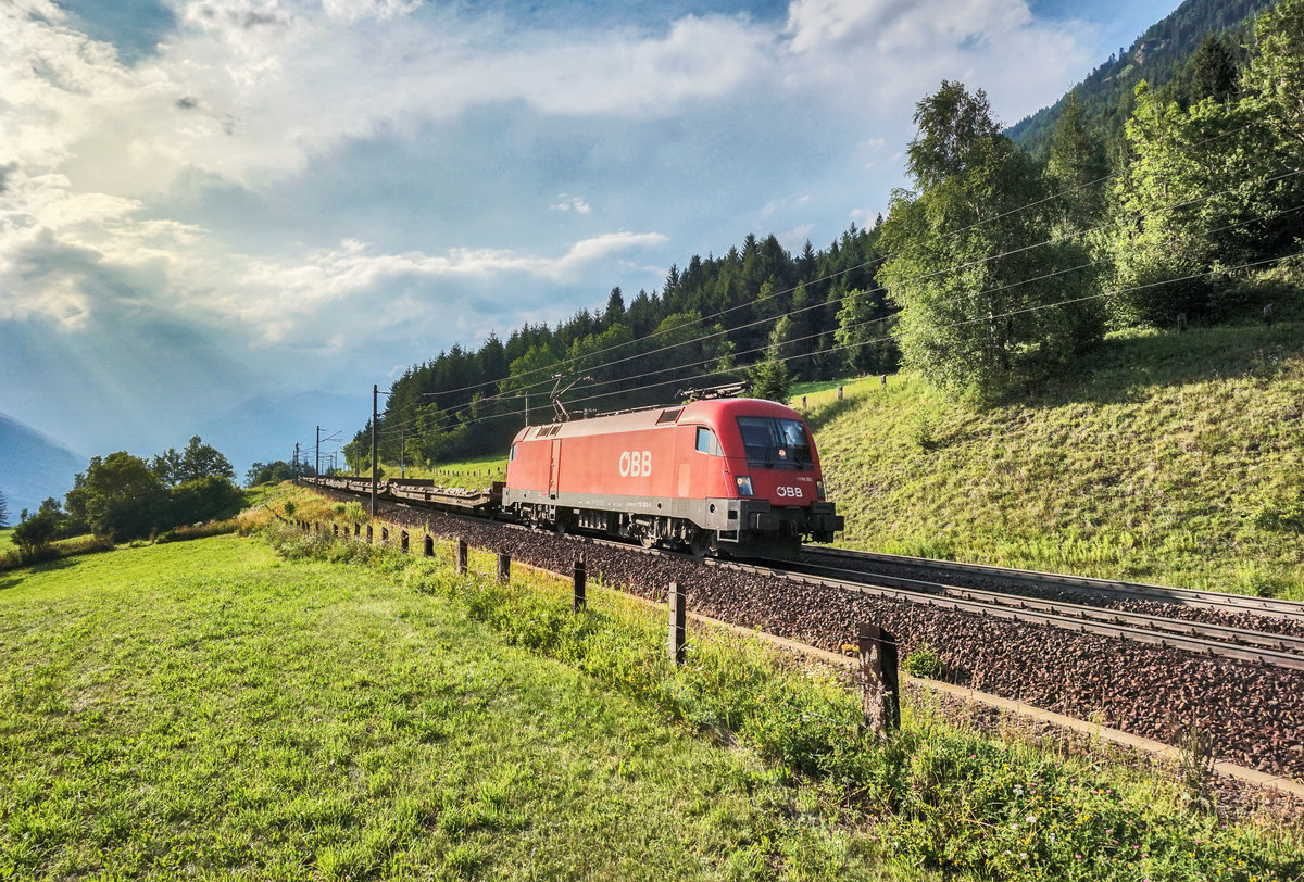 1116 263-5 ist bei Penk mit einem Güterzug talwärts unterwegs.
Aufgenommen am 10.7.2017.