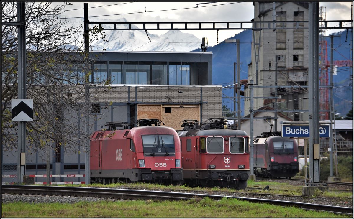 1116 274, Re 4/4 II 11304 und RJX368 mit 1116 205-6 in Buchs SG. (07.11.209)