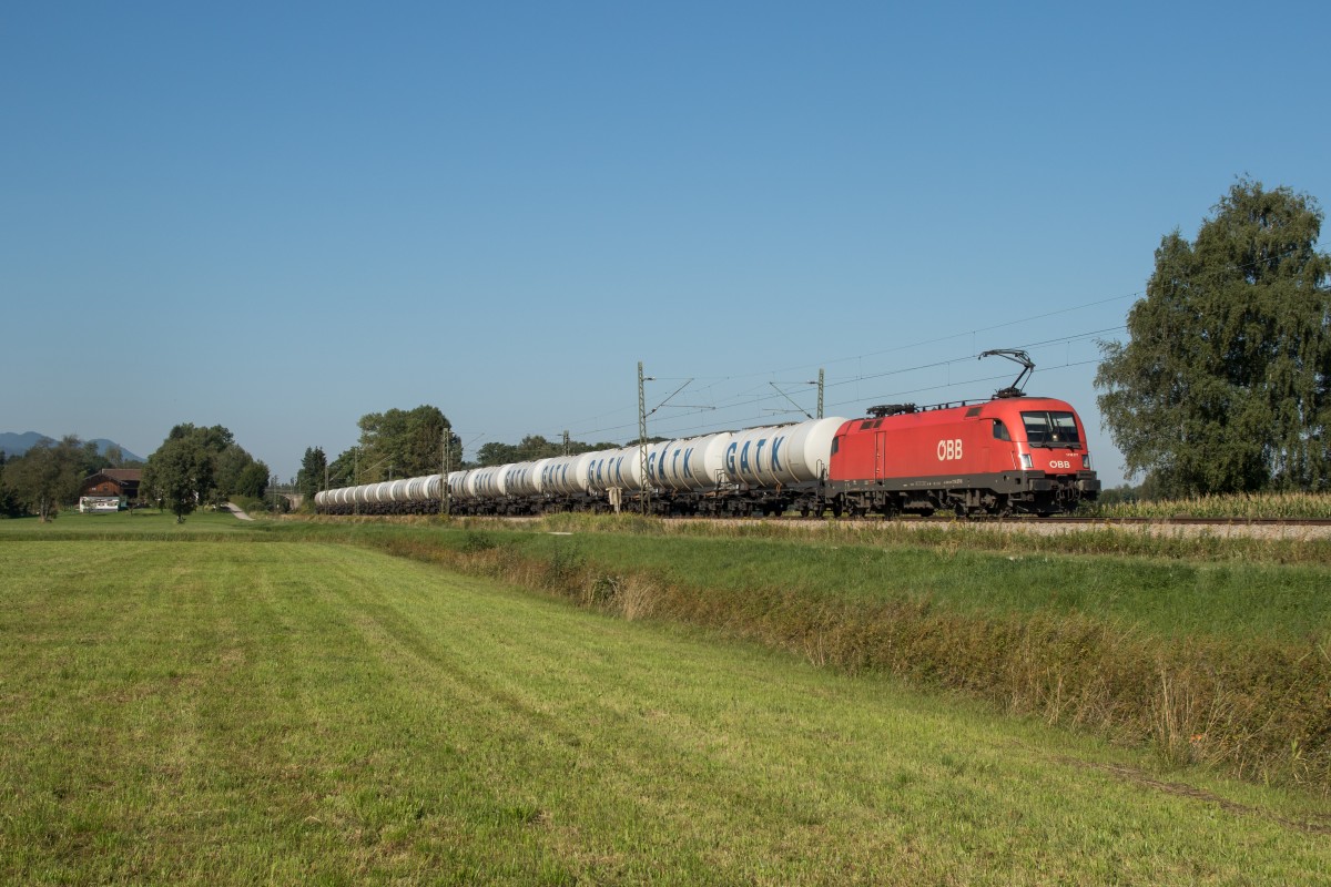 1116 277 mit einem Kesselzug am 29. August 2015 bei Übersee.