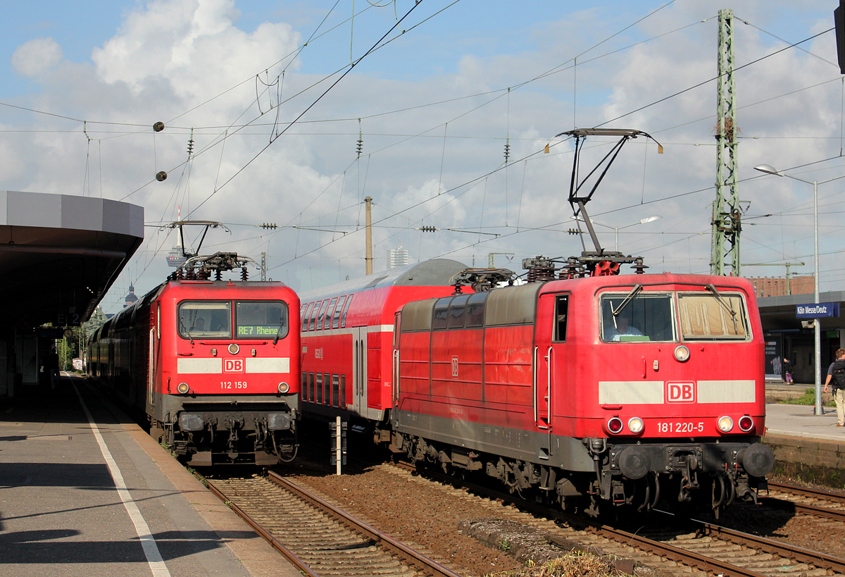 112 159 am RE7 und 181 220-5 am Pbz 2476 in Kln Messe/Deutz am 15.09.2013