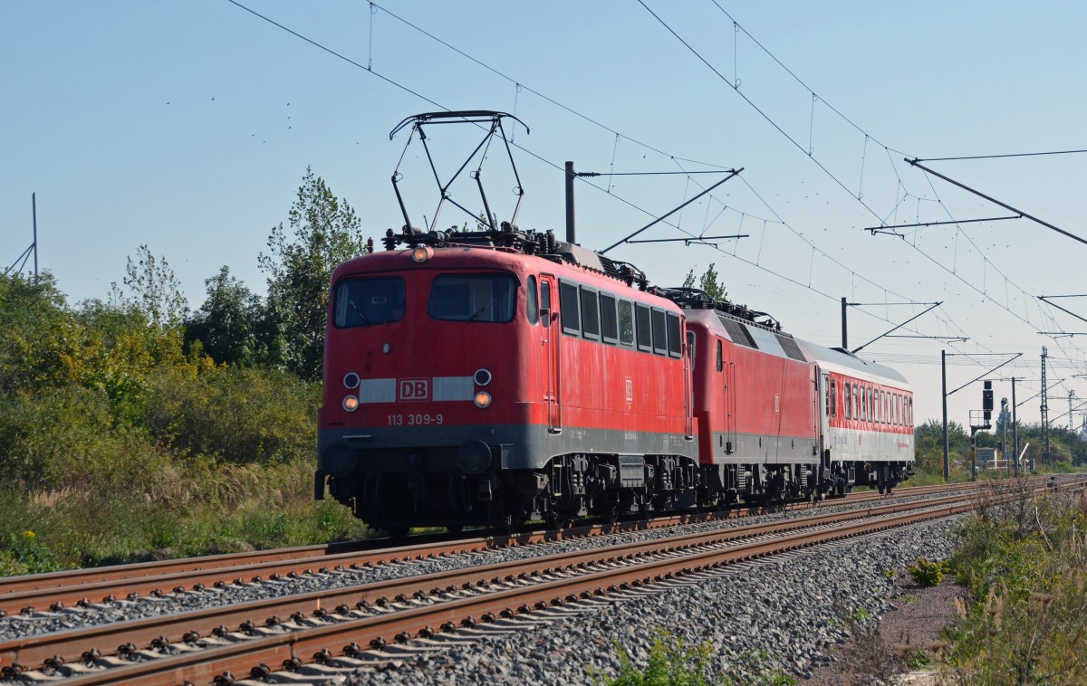 113 309 befrderte am 03.10.13 den PbZ 2466 von Leipzig nach Berlin. Mit 120 152 als Wagenlok rollt die Bgelfalte durch Greppin Richtung Dessau.