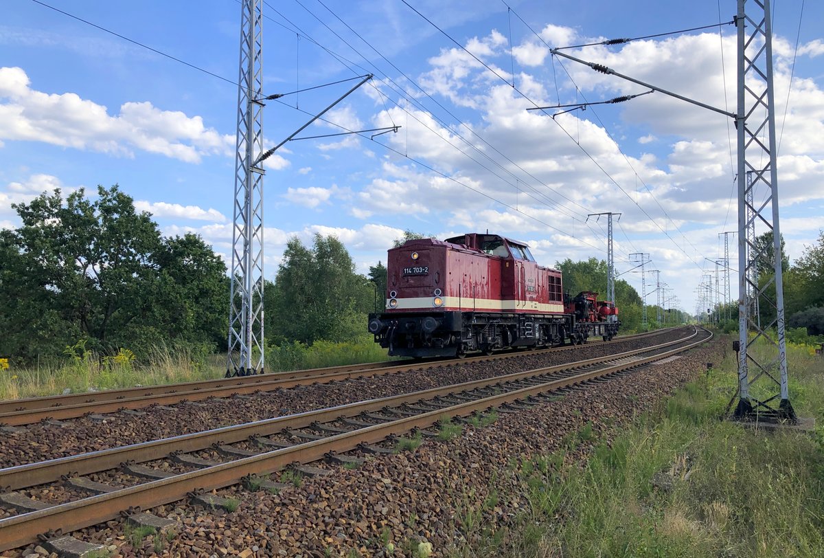 114 703-2 am 11.08.2019 in Berlin-Wuhlheide auf der Fahrt in Richtung Biesdorfer Kreuz.