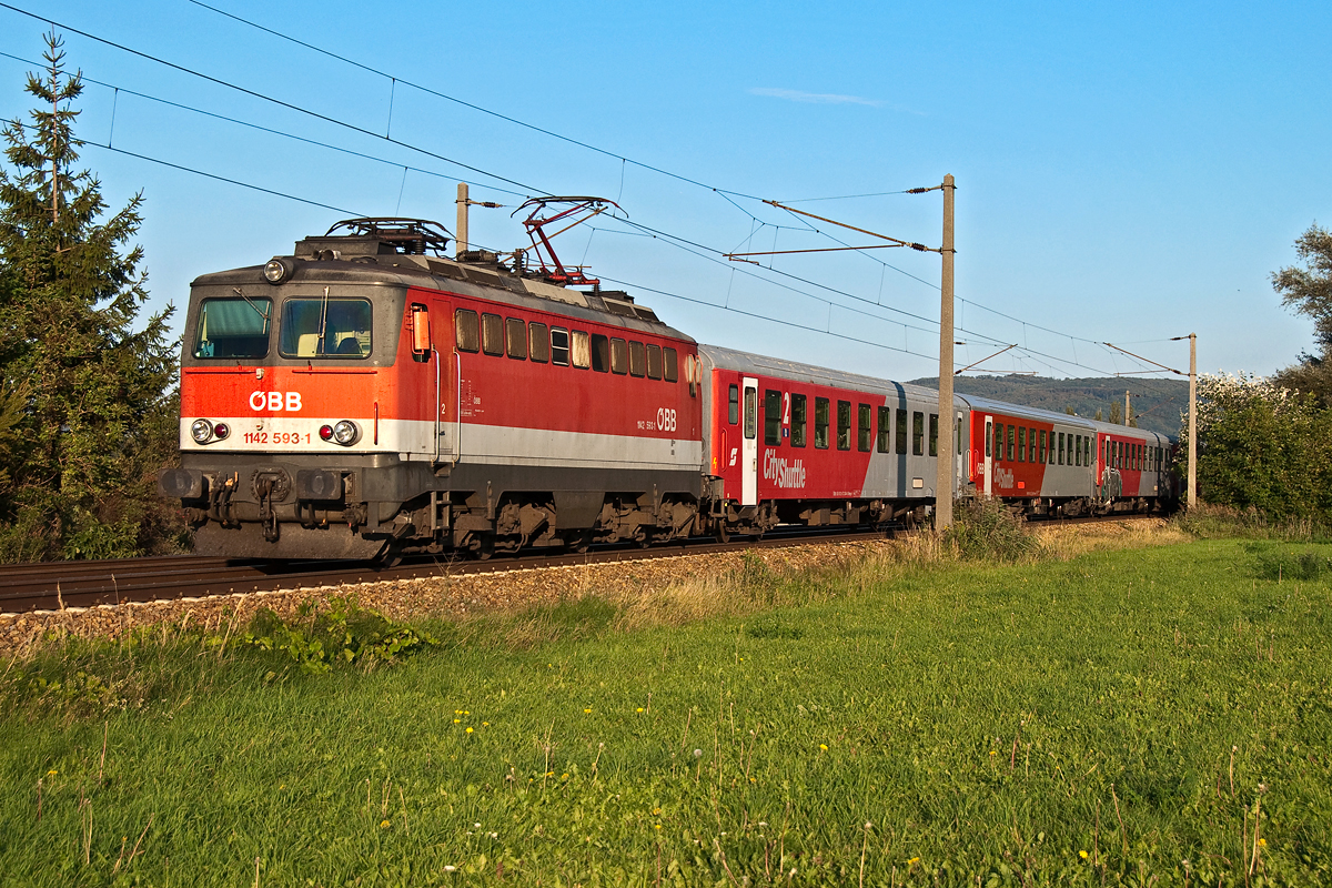 1142 593 ist mit dem REX 7132 Richtung Tulln unterwegs. Die Aufnahme entstand am 24.09.2013 kurz vor Muckendorf-Wipfing.