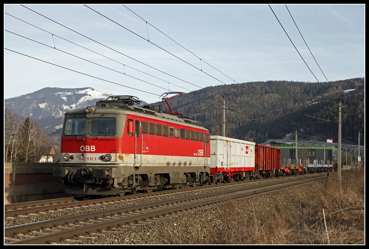 1142 611 mit Gütrzug bei Bruck an der Mur am 7.02.2019.