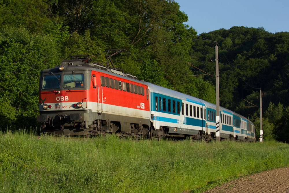 1142 615 in der grünen Südsteiermark inklusive dem EC 150  Emona  von Ljubljana nach Wien Meidling, mit nächstem Halt in Leibnitz. Aufgenommen am 08.05.2014 zwischen Retznei und Leibnitz.