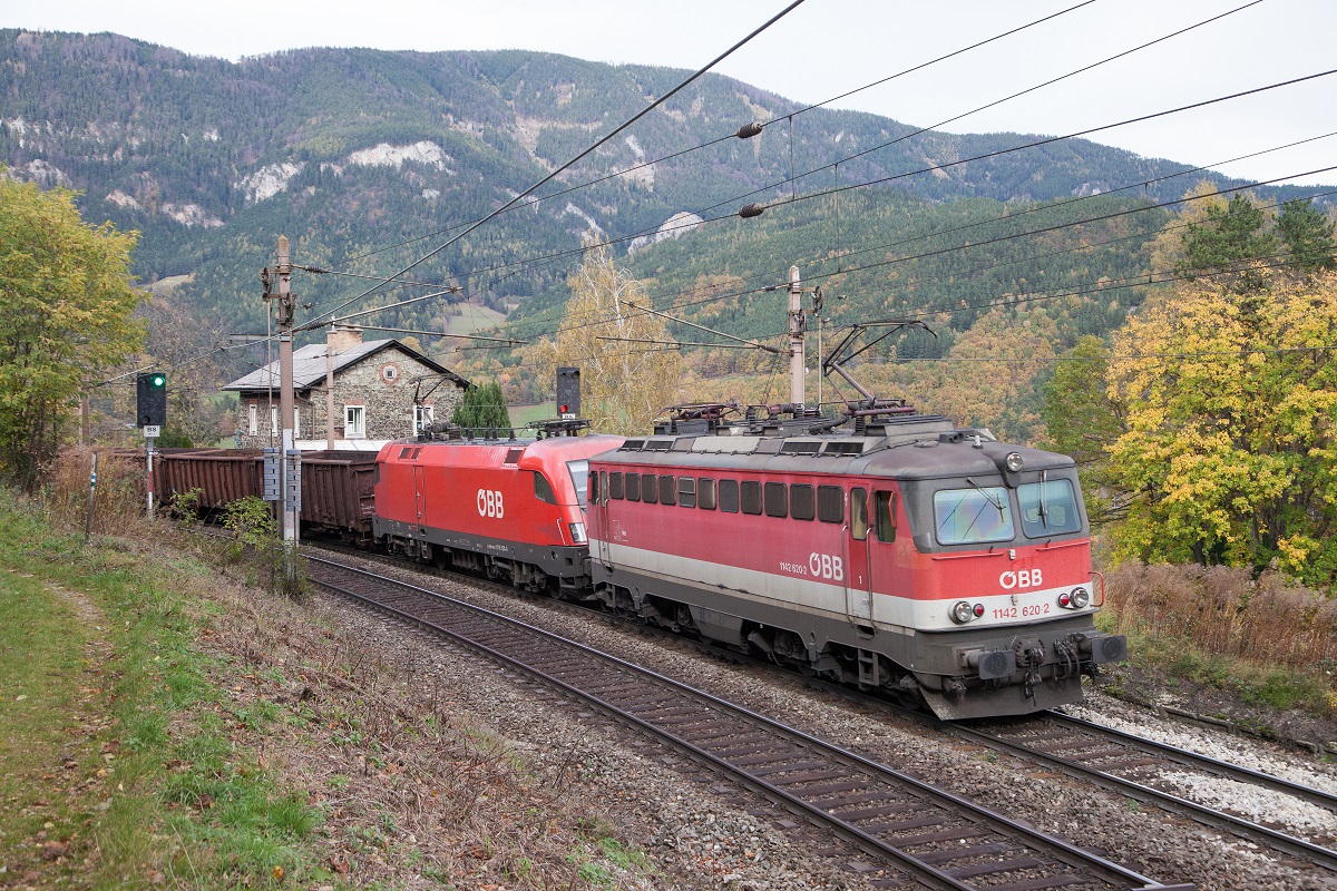 1142 620 + 1116 128 mit Güterzug bei Küb am 2.11.2017.