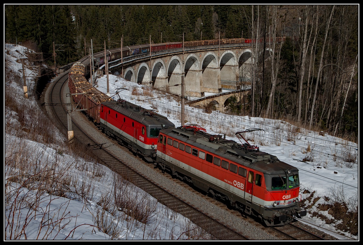 1142 643 + 1144 095 mit Güterzug beim Kalte-Rinne-Viadukt am 8.03.2018.