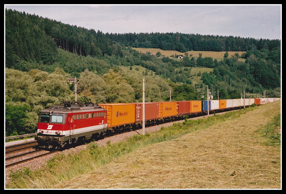 1142 644 mit Güterzug bei Bruck an der Mur am14.06.2002.