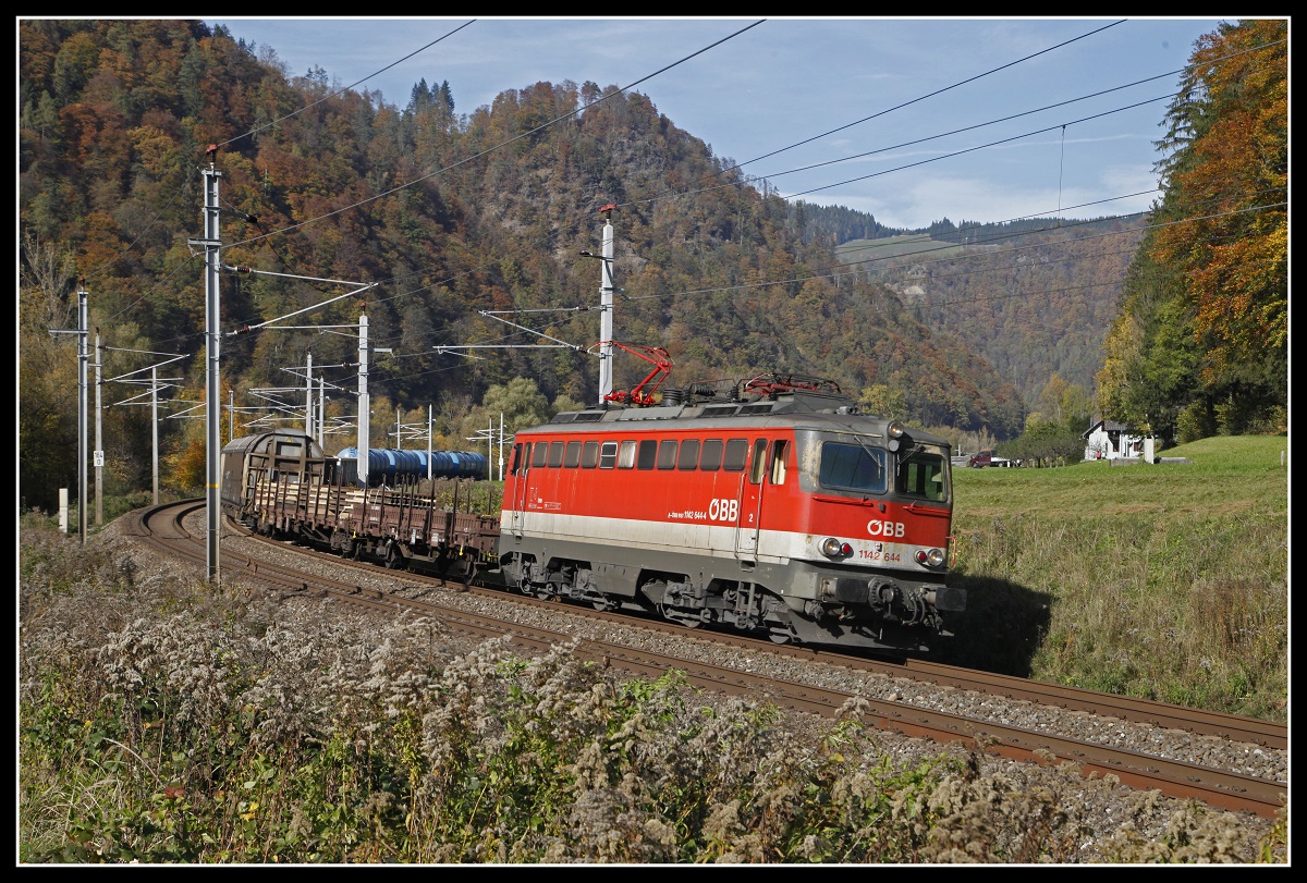 1142 644 mit Güterzug zwischen Bruck/Mur und Pernegg am 23.10.2019.