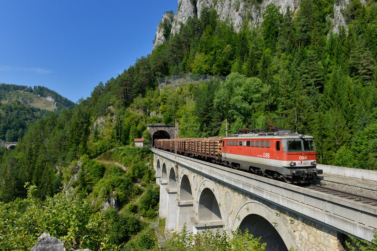 1142 658 mit einem Holzzug am 26.08.2017 bei Breitenstein. 