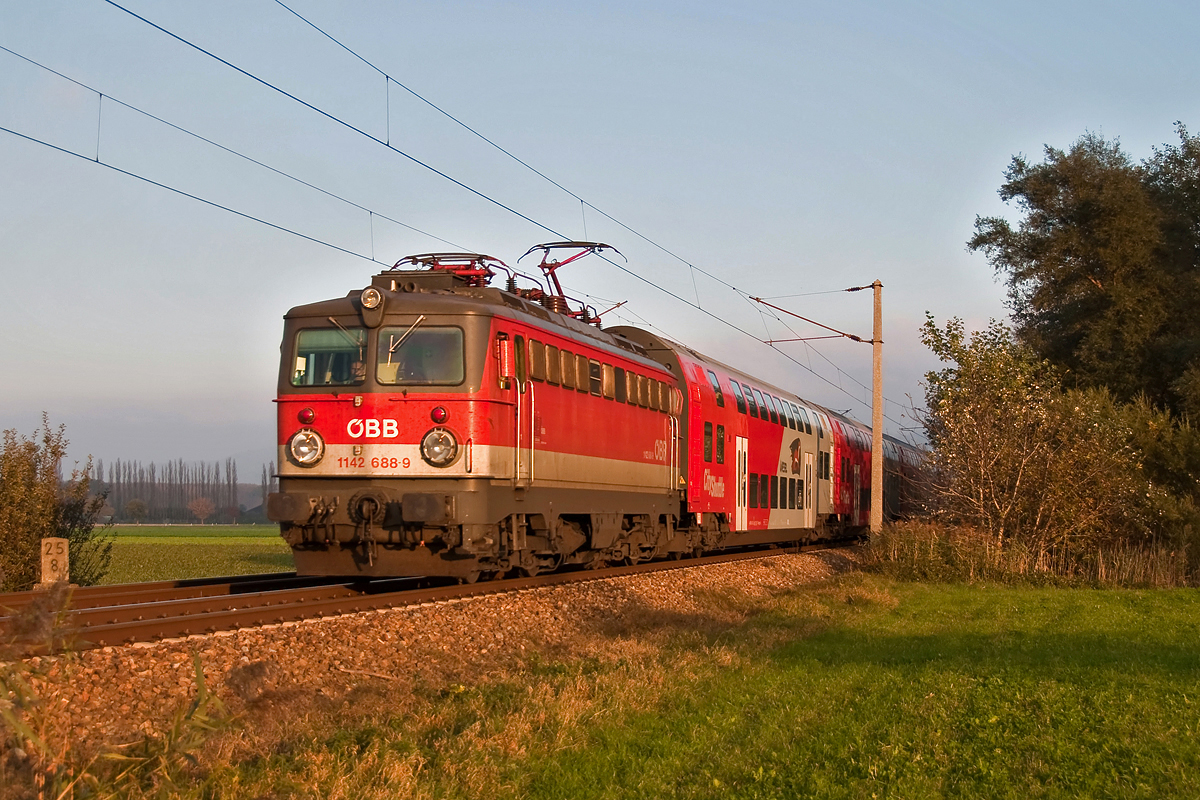 1142 688 ist mit dem REX 7122 von Wien nach Krems an der Donau unterwegs. Das Foto entstand kurz vor Muckendorf-Wipfing, am 28.10.2014.