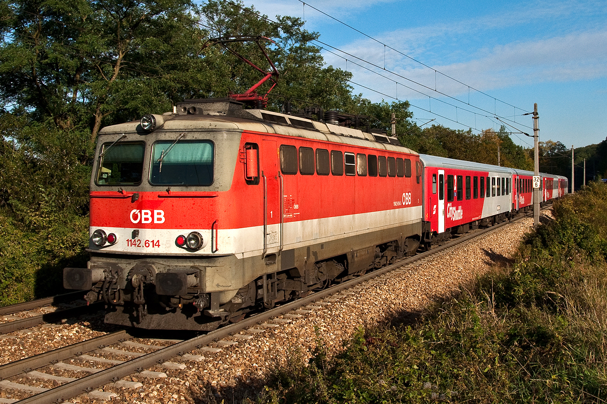 1142.614 fhrt mit REX 1631  Meister Killian  in Richtung Wien Westbahnhof. Unter Oberndorf, an 08.10.2013.