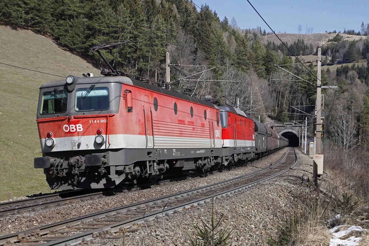 1144 003 + 1144 120 mit Güterzug zwischen Klamm-Schottwien und Breitenstein am 18.03.2016.