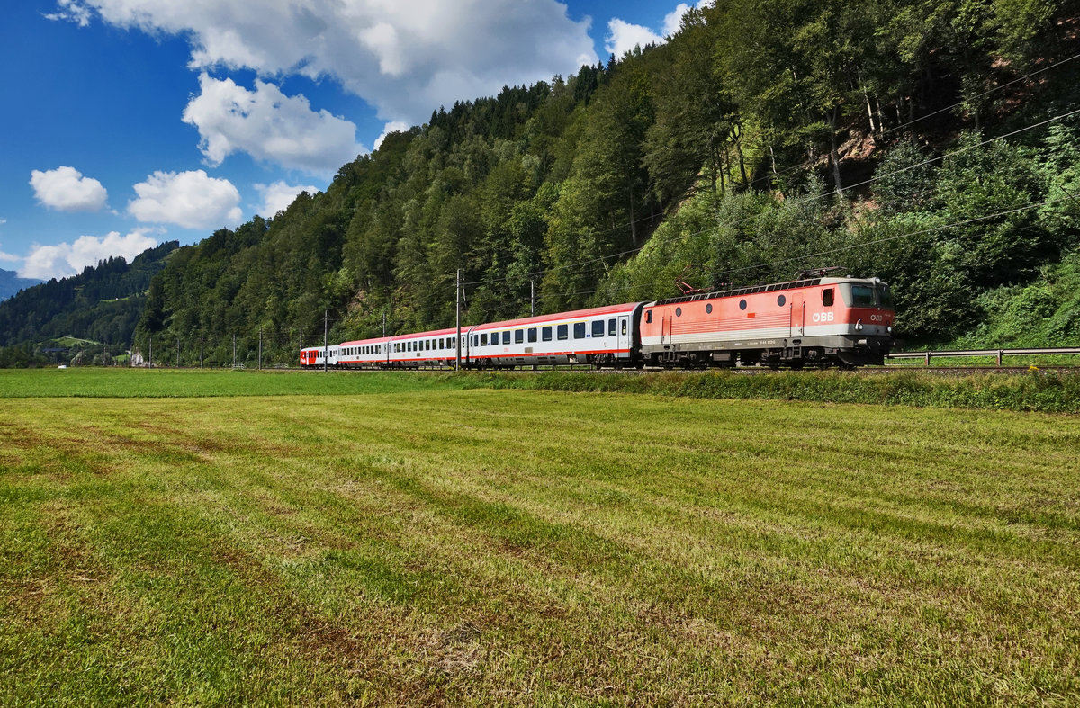 1144 013-0 fährt mit dem IC 515 (Innsbruck Hbf - Graz Hbf), nahe Mitterberghütten vorüber.
Aufgenommen am 7.8.2016.